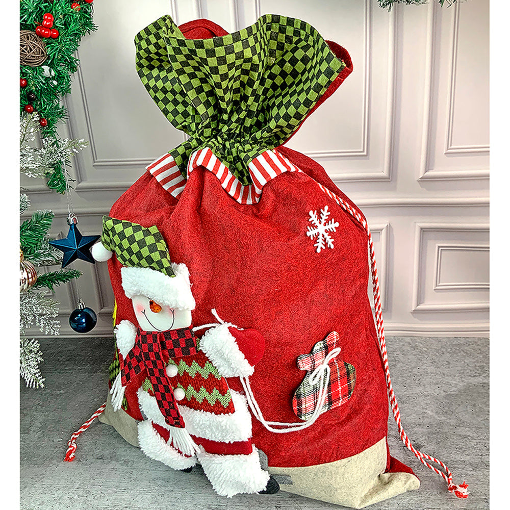 Snowman Green & Red Checks Christmas Sack for Christmas Gifts and Home Décor
