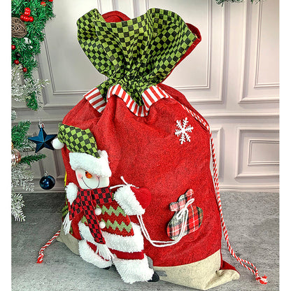 Snowman Green & Red Checks Christmas Sack for Christmas Gifts and Home Décor
