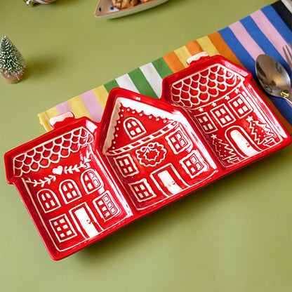 Red gingerbreadhouse 3 sections Christmas ceramic serving tray