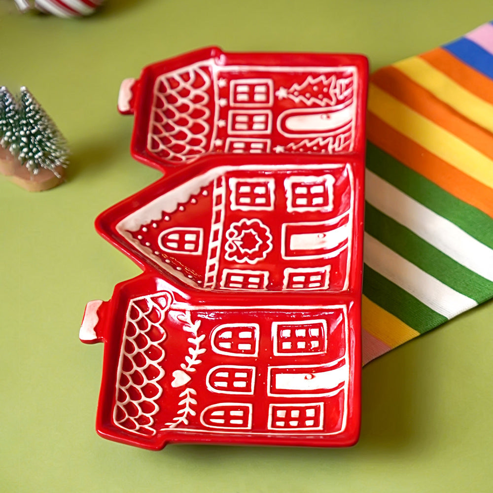 Red gingerbreadhouse 3 sections Christmas ceramic serving tray