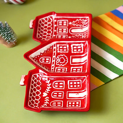 Red gingerbreadhouse 3 sections Christmas ceramic serving tray