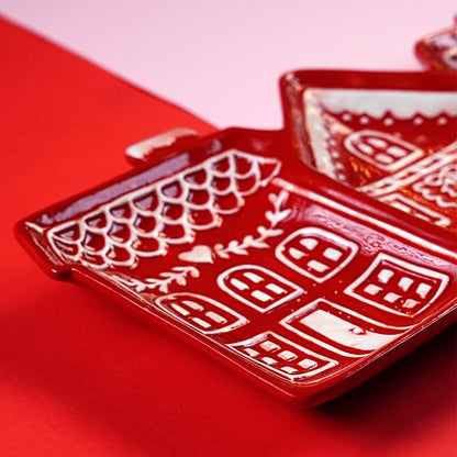 Red gingerbreadhouse 3 sections Christmas ceramic serving tray