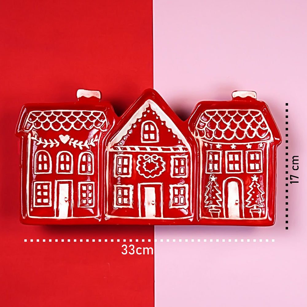 Red gingerbreadhouse 3 sections Christmas ceramic serving tray