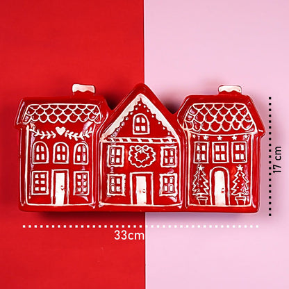 Red gingerbreadhouse 3 sections Christmas ceramic serving tray