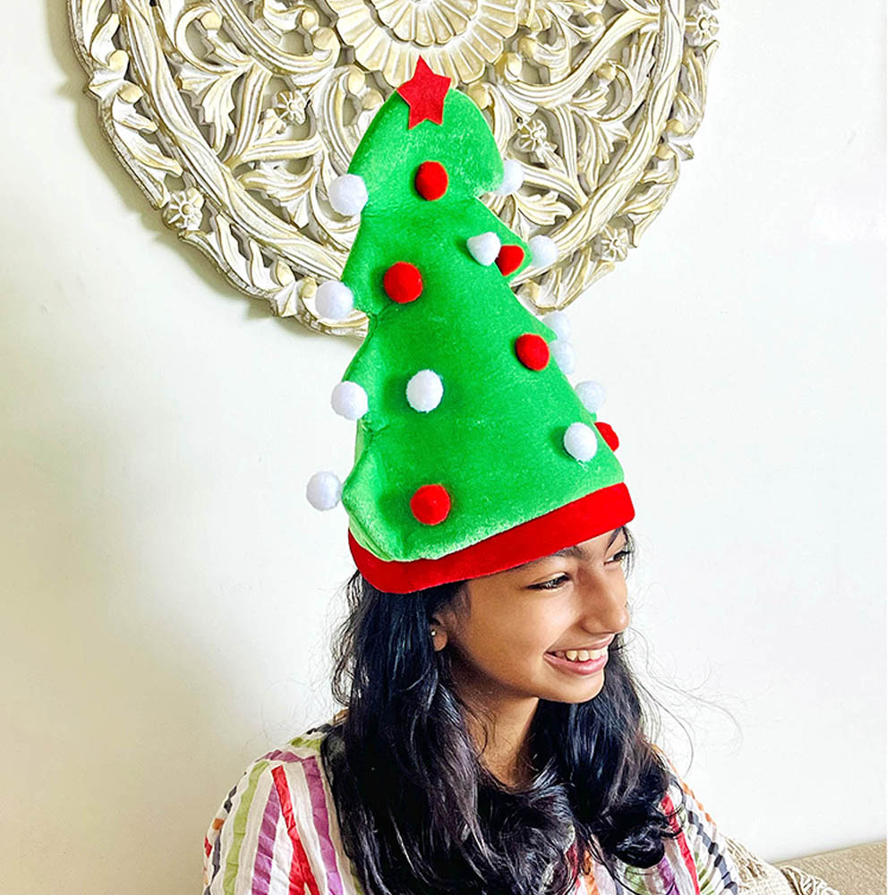 3d Green Pompom Christmas Tree shaped Velvet Plush Christmas Party Hat