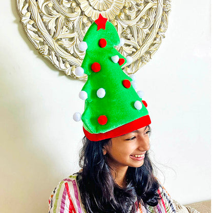 3d Green Pompom Christmas Tree shaped Velvet Plush Christmas Party Hat