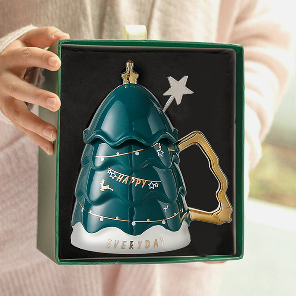 Christmas Ceramic Coffee and Hot Chocolate Mug - Green Christmas Tree style Cup with Matching Ceramic Lid and embellished Spoon,330 ml