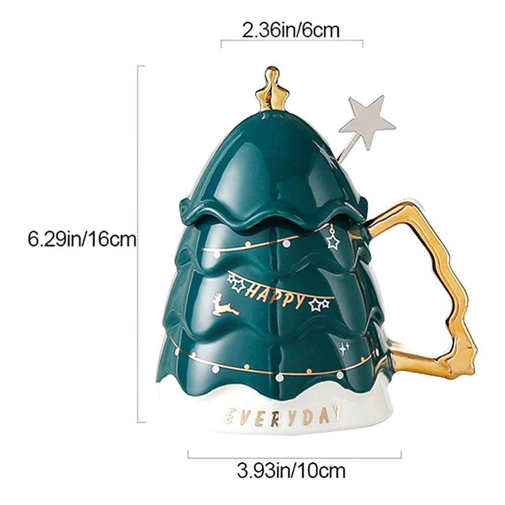 Christmas Ceramic Coffee and Hot Chocolate Mug - Green Christmas Tree style Cup with Matching Ceramic Lid and embellished Spoon,330 ml