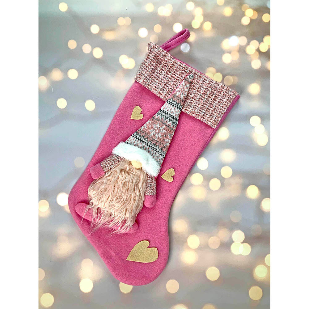 Pink Beard Gnome Christmas Stocking, 16 inches