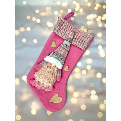 Pink Beard Gnome Christmas Stocking, 16 inches