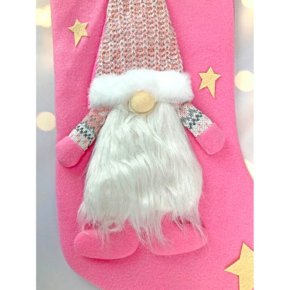 White Beard Pink Gnome Christmas Stocking, 16 inches