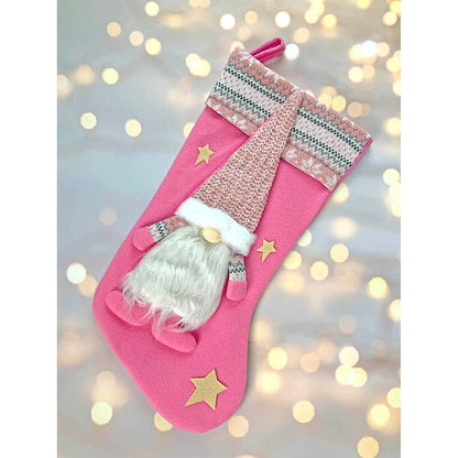 White Beard Pink Gnome Christmas Stocking, 16 inches