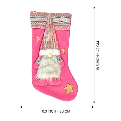 White Beard Pink Gnome Christmas Stocking, 16 inches