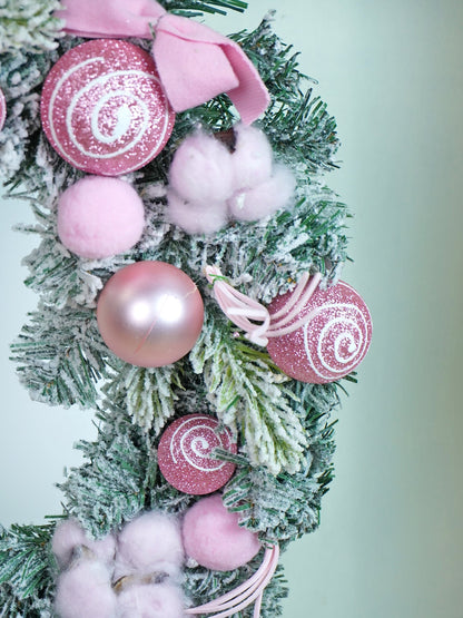 Pastel pink & White Swirl artificial Bushy Christmas Wreath for wall, Door and Tree Christmas Décor,18 inches