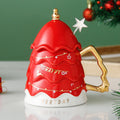 Merry Christmas Ceramic Coffee and Hot Chocolate Mug - Red Christmas Tree style Cup with Matching Ceramic Lid and embellished Spoon, 330 ml