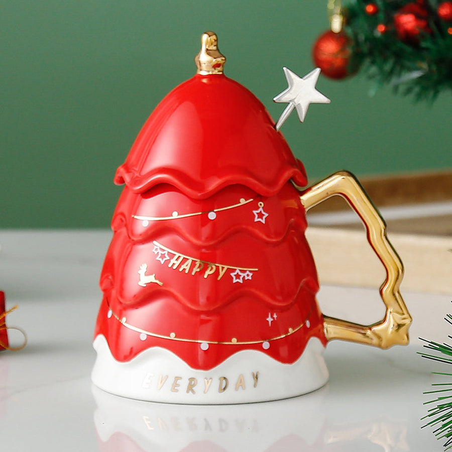Merry Christmas Ceramic Coffee and Hot Chocolate Mug - Red Christmas Tree style Cup with Matching Ceramic Lid and embellished Spoon, 330 ml