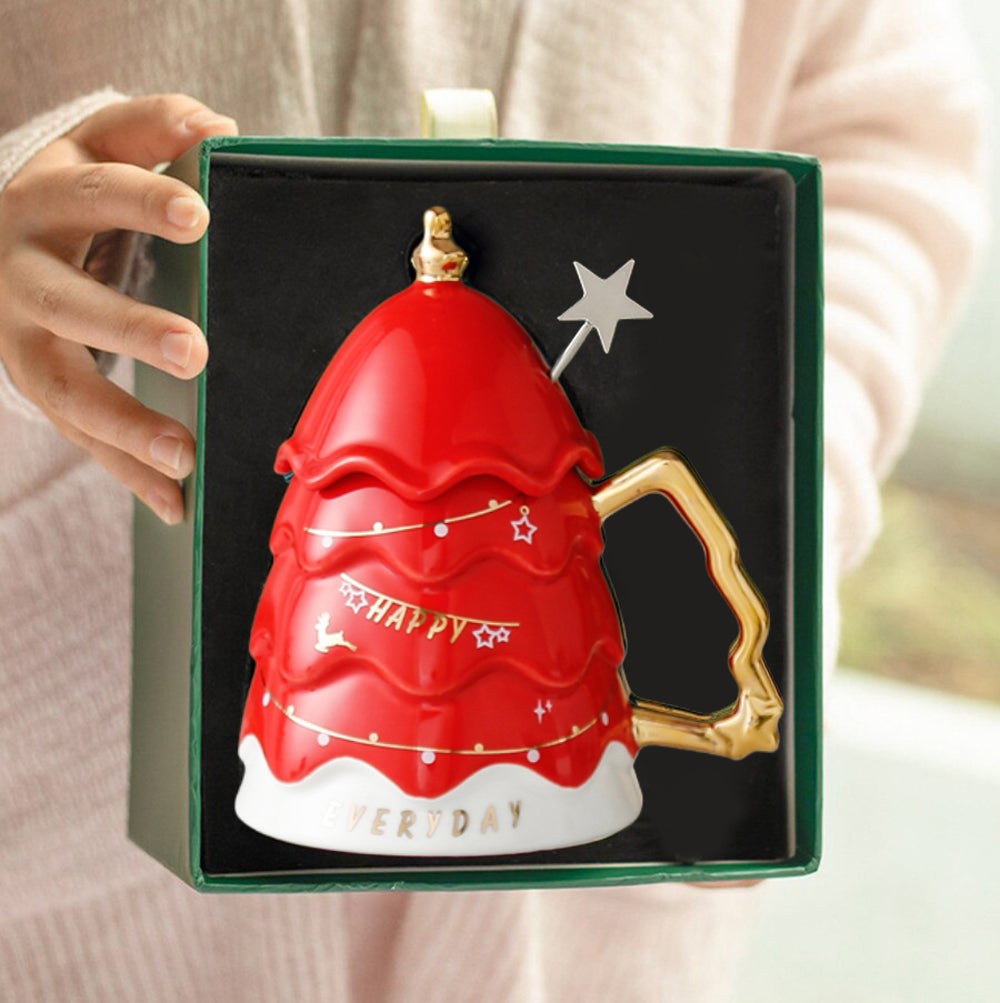 Merry Christmas Ceramic Coffee and Hot Chocolate Mug - Red Christmas Tree style Cup with Matching Ceramic Lid and embellished Spoon, 330 ml