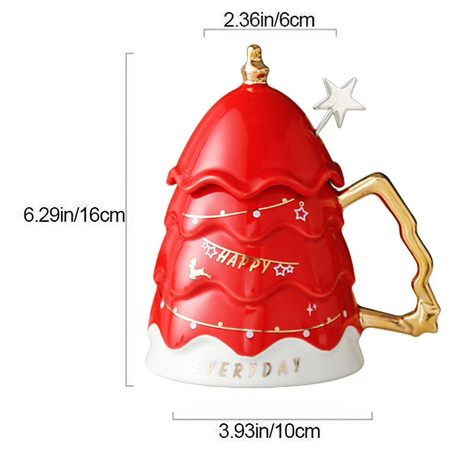 Merry Christmas Ceramic Coffee and Hot Chocolate Mug - Red Christmas Tree style Cup with Matching Ceramic Lid and embellished Spoon, 330 ml