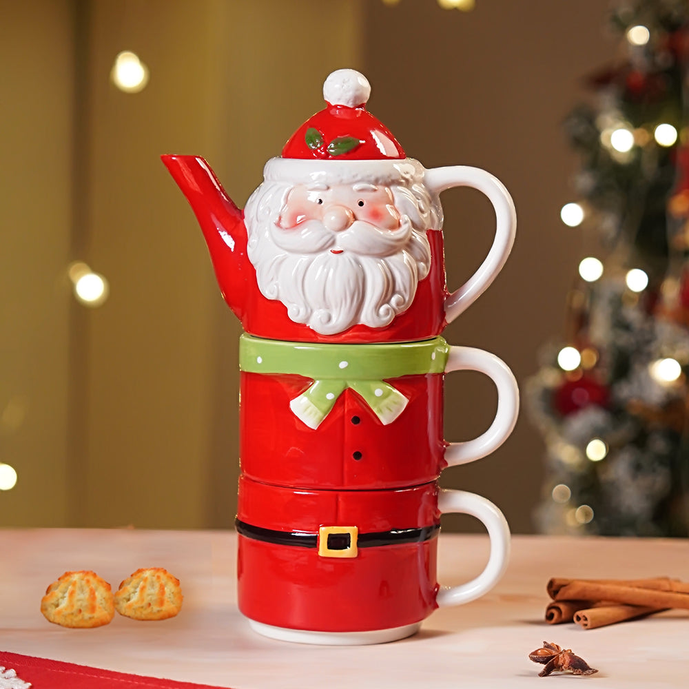 Santa themed 3pcs teapot and Hot chocolate/Coffee chrsitmas Mugs Set.