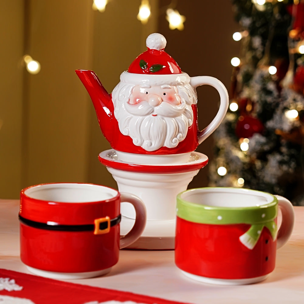 Santa themed 3pcs teapot and Hot chocolate/Coffee chrsitmas Mugs Set.