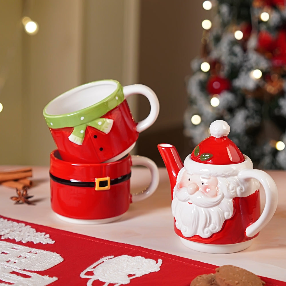Santa themed 3pcs teapot and Hot chocolate/Coffee chrsitmas Mugs Set.