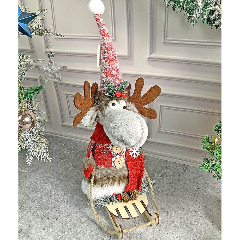 Grey & Red Deer on Snow Sledge christmas Home Décoration