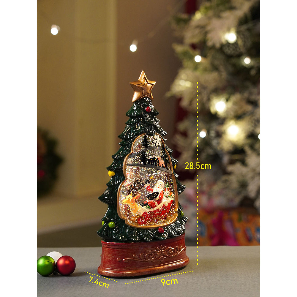 Dark Green Tree Decor with Musical Glitter Water Light, Christmas Home Décor