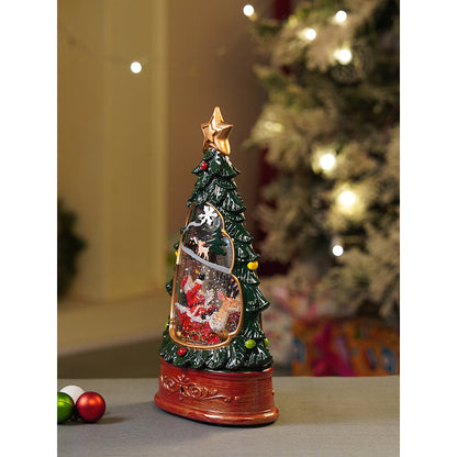 Dark Green Tree Decor with Musical Glitter Water Light, Christmas Home Décor