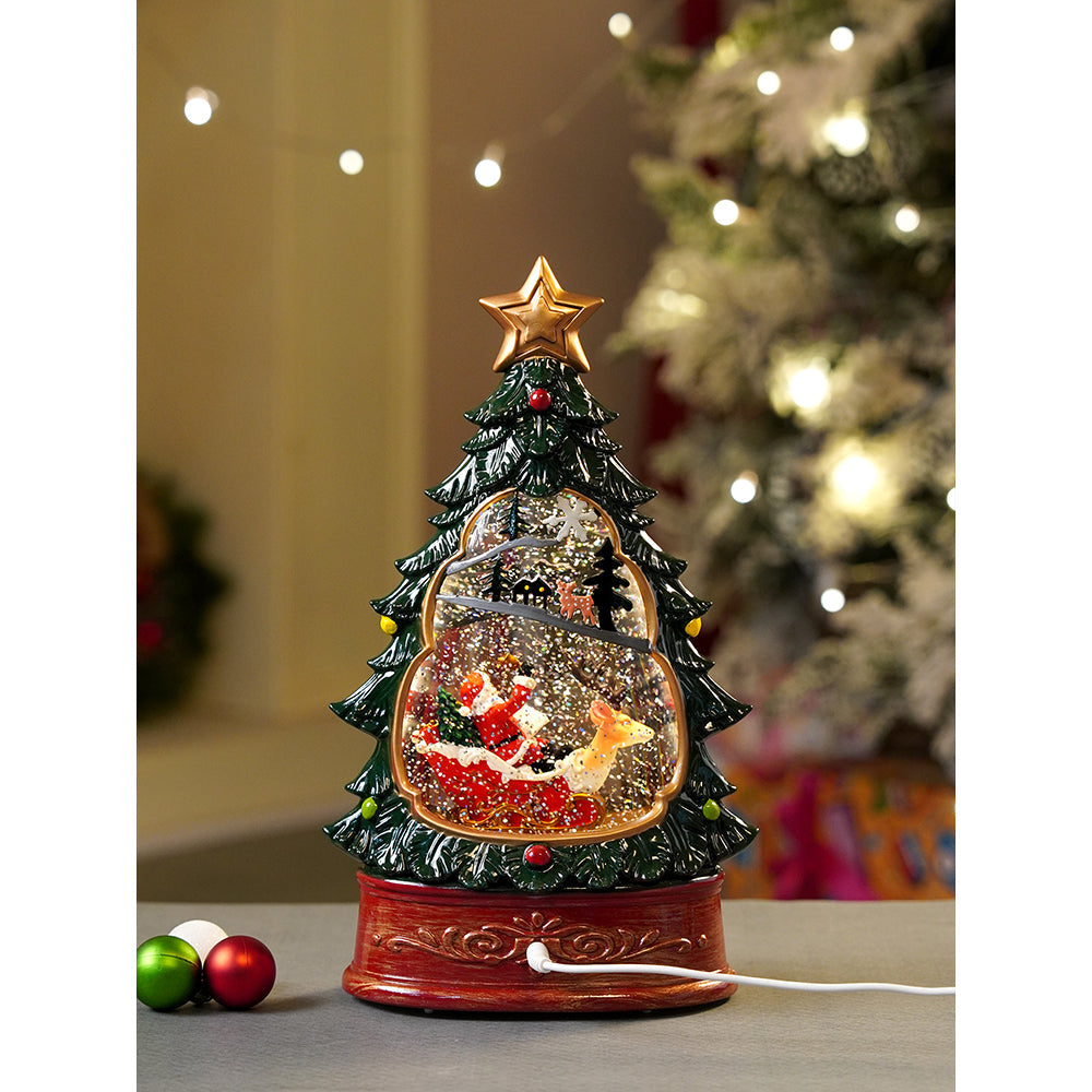 Dark Green Tree Decor with Musical Glitter Water Light, Christmas Home Décor