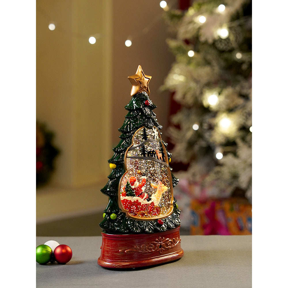 Dark Green Tree Decor with Musical Glitter Water Light, Christmas Home Décor