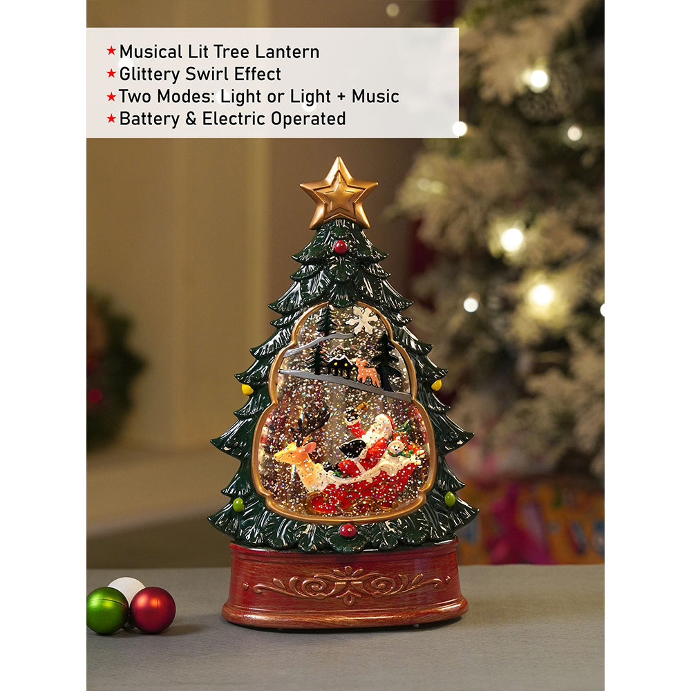 Dark Green Tree Decor with Musical Glitter Water Light, Christmas Home Décor