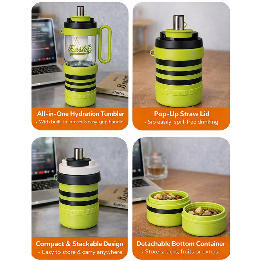 Green Black 4 in one Water Bottle, infuser & mini snack box for teens and Adults, 1000ml