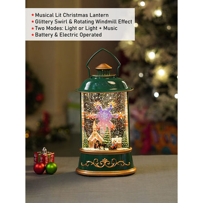 Green Lantern with Musical and Rotating Glitter Water Lights, Christmas home décor and decoration