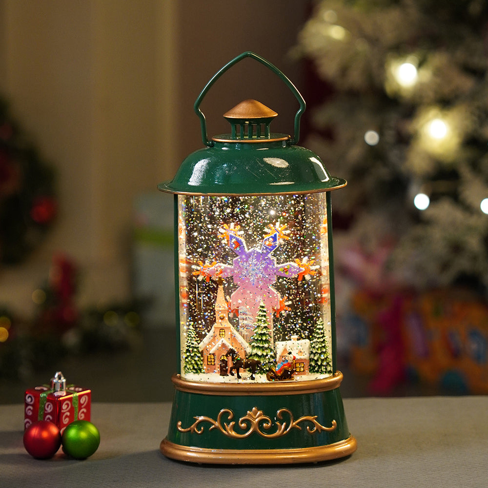 Green Lantern with Musical and Rotating Glitter Water Lights, Christmas home décor and decoration