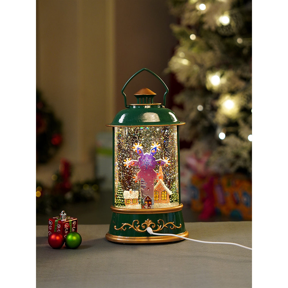 Green Lantern with Musical and Rotating Glitter Water Lights, Christmas home décor and decoration