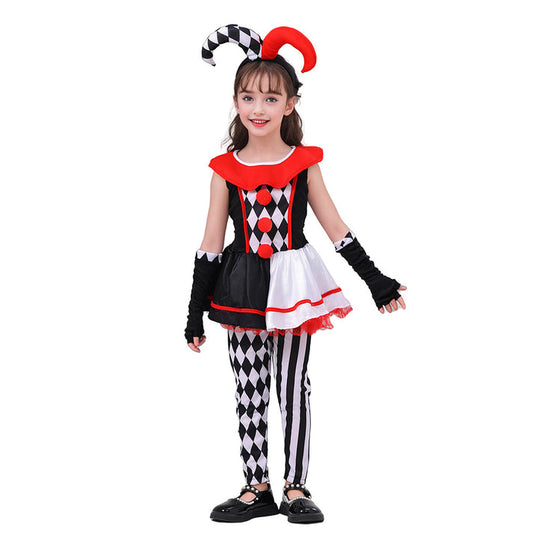Little Surprise Box, Black & White checkered Joker Jester ,Kids Halloween Costume Dress Up-11-12Y