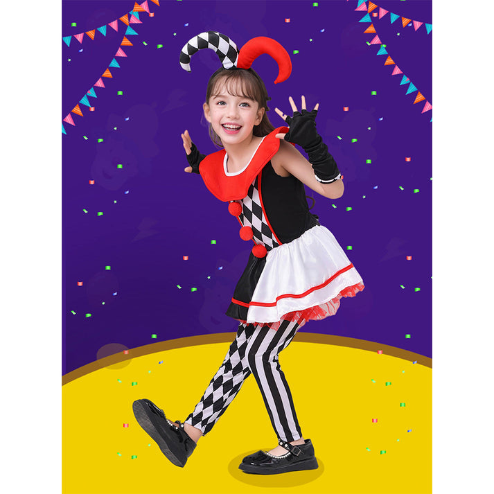 Little Surprise Box, Black & White checkered Joker Jester, Kids Halloween Costume Dress Up-7-8Y