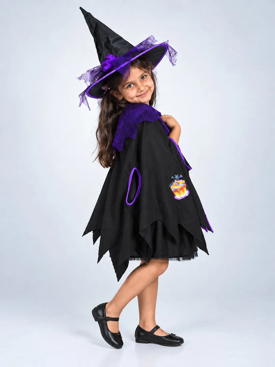 Black & Purple Witch Poncho & Hat set,No Frock included, Kids Halloween Costume Fancy Dress Up