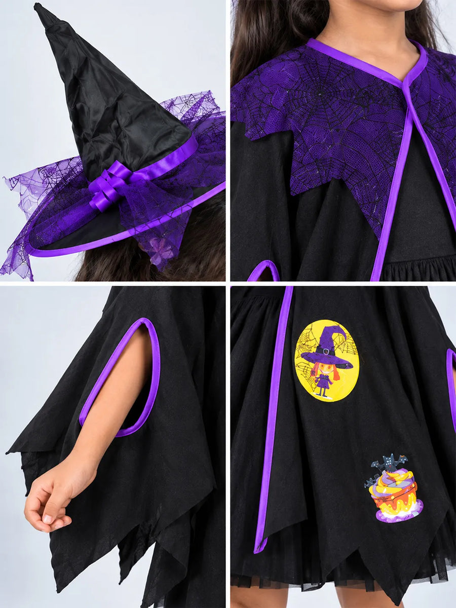 Black & Purple Witch Poncho & Hat set,No Frock included, Kids Halloween Costume Fancy Dress Up