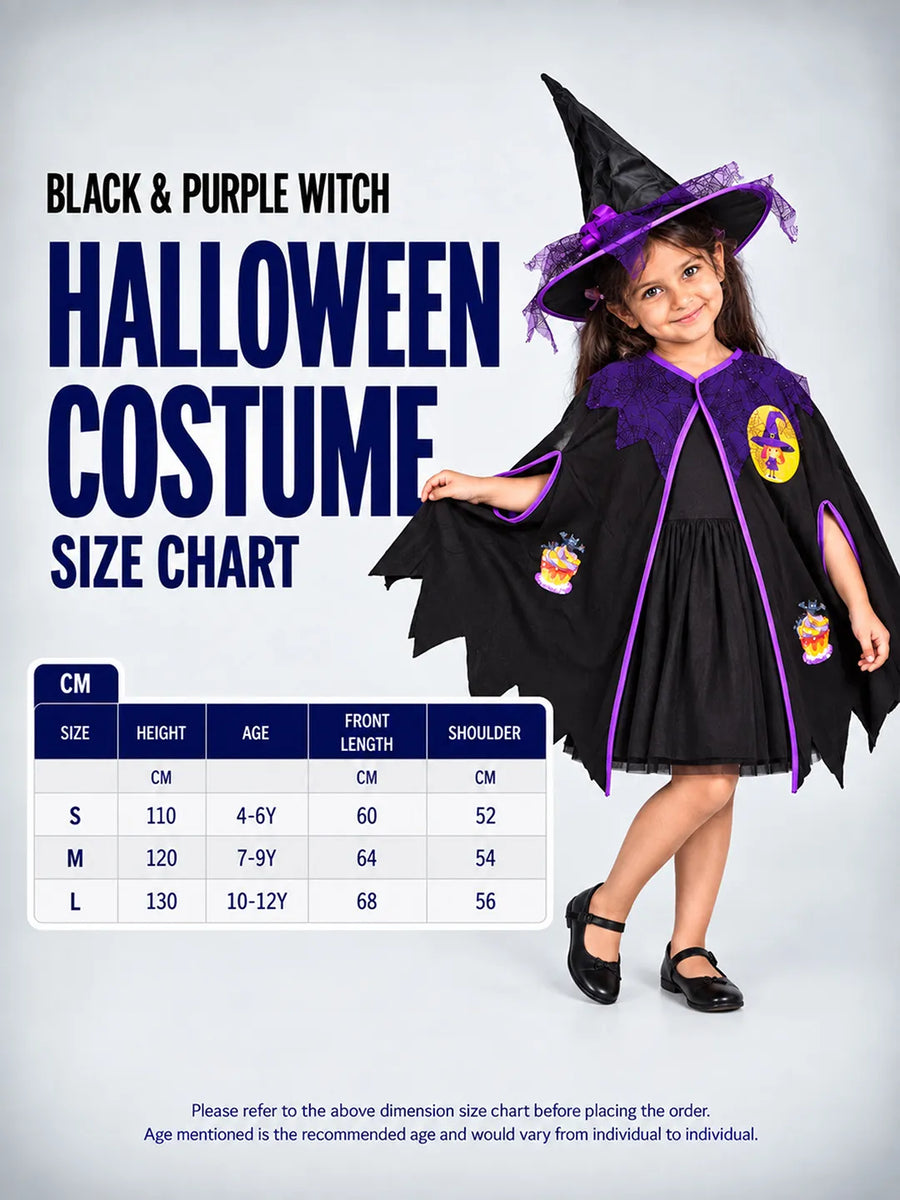 Black & Purple Witch Poncho & Hat set,No Frock included, Kids Halloween Costume Fancy Dress Up