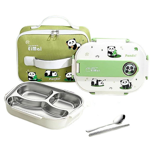 Little Surprise Box 2D Panda Medium Size Size Stainless Steel Lunch Box/Tiffin with Insulated Matching Lunch Bag, stainless steel spoon and chopsticks for Kids & Adults, 1000 ml