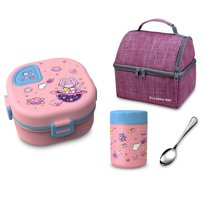 Little Surprise Box, Pink Space Slice 2pcs, Stainless Steel Soup Box and Lunch Box with Bag for Kids