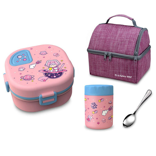Little Surprise Box, Pink Space Slice 2pcs, Stainless Steel Soup Box and Lunch Box with Bag for Kids