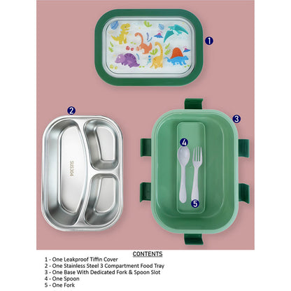 Little Surprise Box, 2 pcs Dino LunchBag & Stainless Steel 3 section Lunch box for Kids