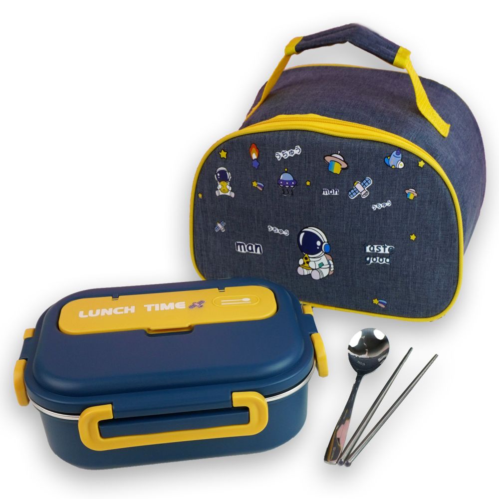 Little Surprise Box, Blue Lunch Time 2 pcs Stainless Steel Kids Lunch Box with matching Lunch Bag