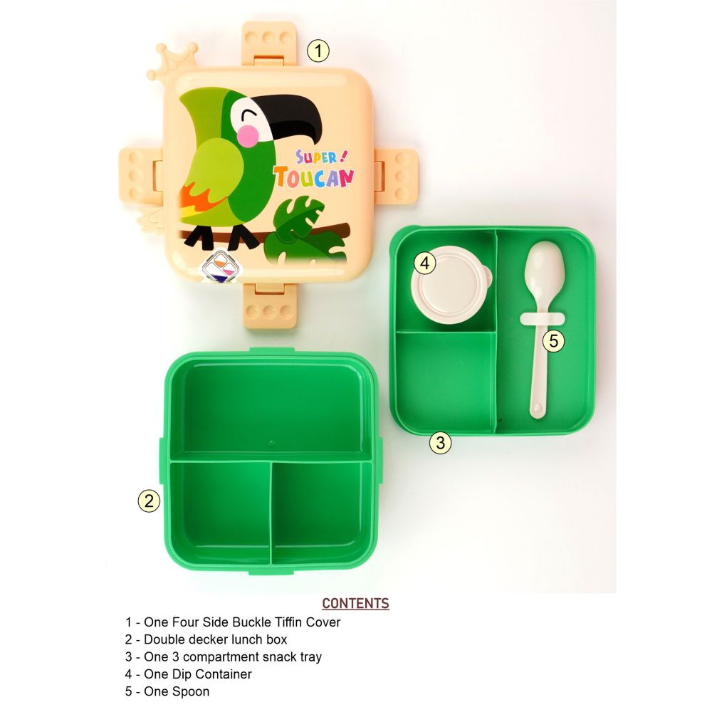 Little Surprise Box, Cream Toucan 2 decker Tiffin/Lunch and Snack Box for Kids