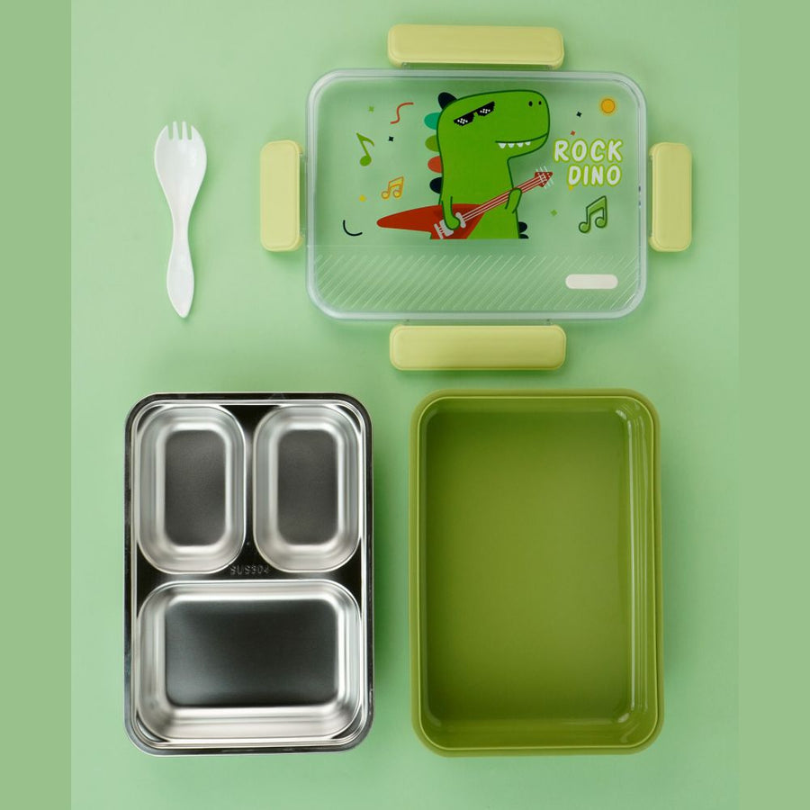 Little Surprise Box, Rock Dino Green Big Size Stainless Steel Kids Lunch Box