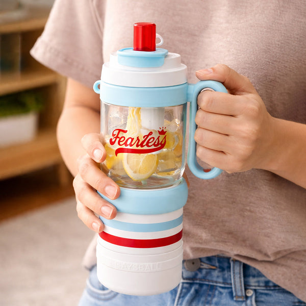 Light Blue White 4 in one Water Bottle , infuser & mini snack box for teens and Adults, 1000ml