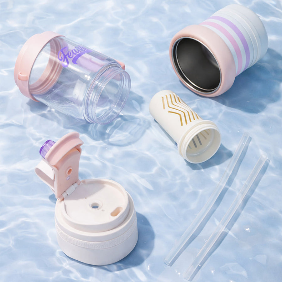 Pink White 4 in one Water Bottle , infuser & mini snack box for teens and Adults, 1000ml