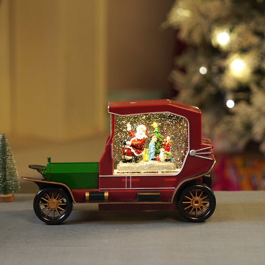 Red & Green Vintage Car with Musical Glitter Water Light, Christmas Décor